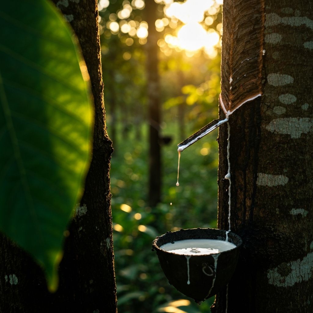 Rubber tree being tapped for natural organic latex sap in a GOLS-certified plantation