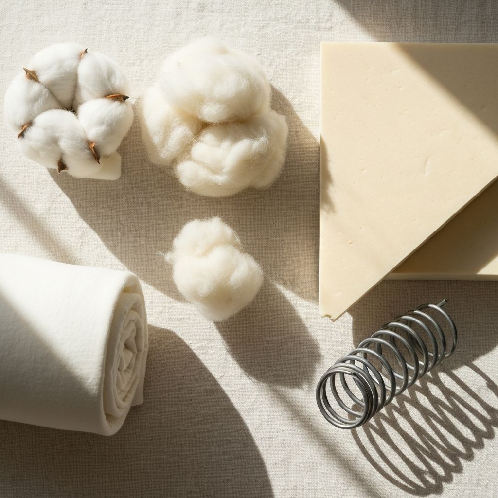 Organic latex, wool, cotton, and steel coils — the four core materials inside every Avocado mattress